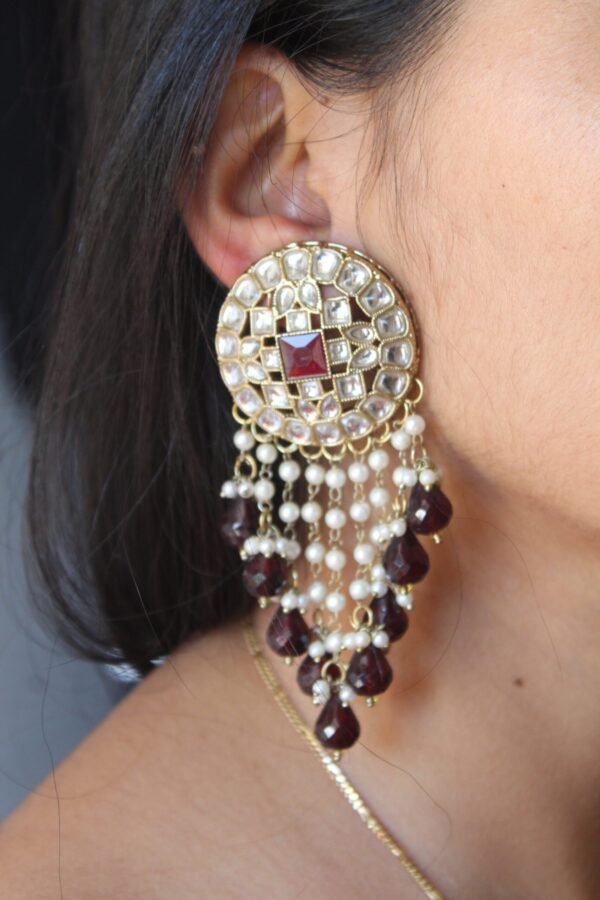 Kundan Earring - Maroon - Image 2