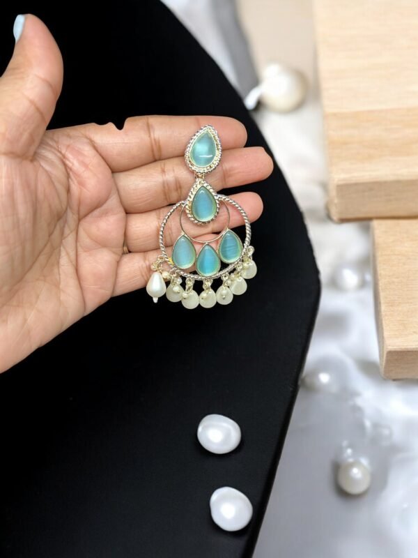 Silver Plated Sky blue Chandbali - Image 2