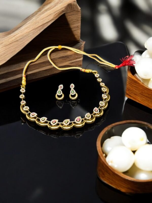 Gold Plated American Diamond  Ruby and Emerald South Indian Necklace Set - Image 2