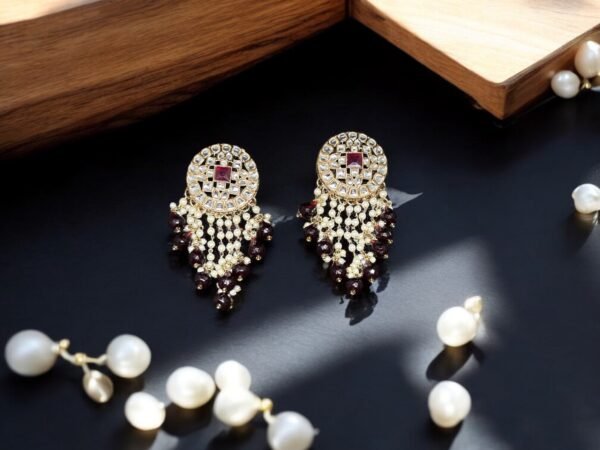 Kundan Earring - Maroon - Image 4