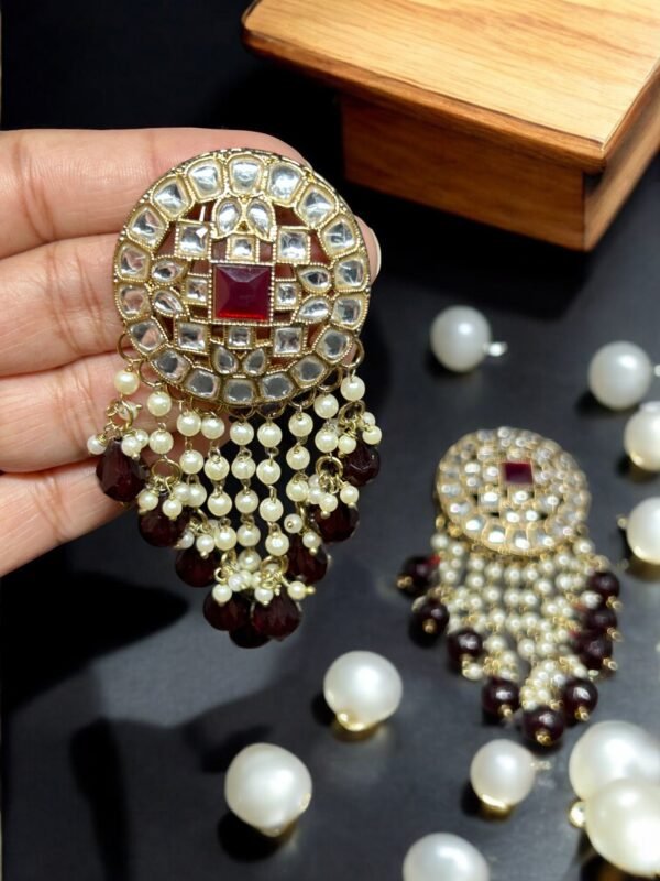 Kundan Earring - Maroon - Image 5